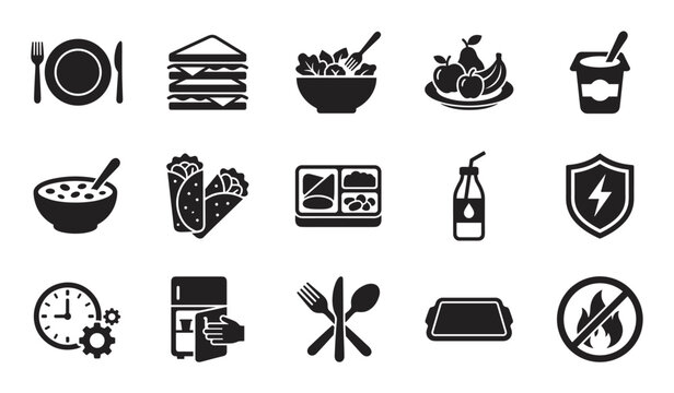 Collection of black food and meal icons showing various lunch items like a sandwich, salad, fruit, and bento box, along with symbols for safety and time management