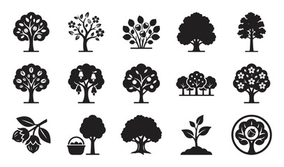 Obraz premium Set of black silhouette tree icons depicting various fruit trees, flowering plants, nuts, a harvest basket, and a seedling, representing concepts of agriculture, gardening, and nature