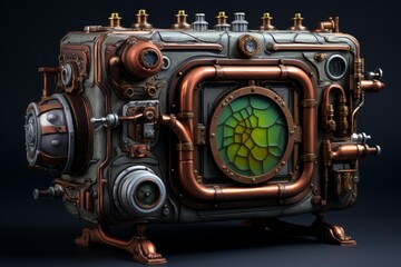Steampunk industrial machine featuring a glowing green portal and intricate copper piping