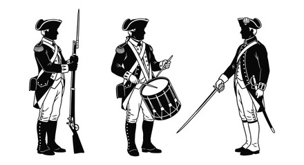 Three colonial american soldiers in detailed uniform with musket drum and sword a striking silhouette