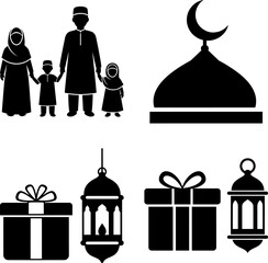Islamic Family and Eid Celebration Icon Set - Muslim Silhouette with Mosque and Gifts