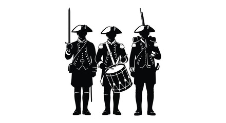 three colonial american soldiers stand in formation with a drummer a striking black silhouette high quality