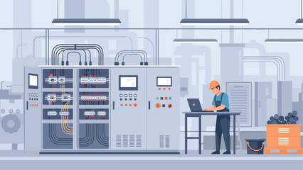 Industrial automation control room with engineer monitoring equipment in modern factory