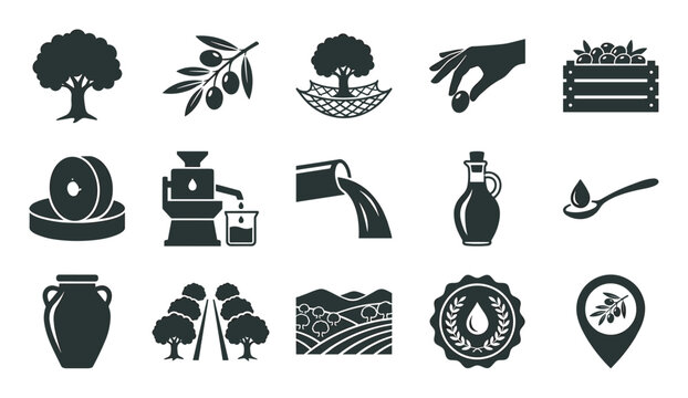 Set of black olive oil production icons showing the complete cycle from tree cultivation and harvesting to pressing, bottling, and the final product in a minimalist glyph style