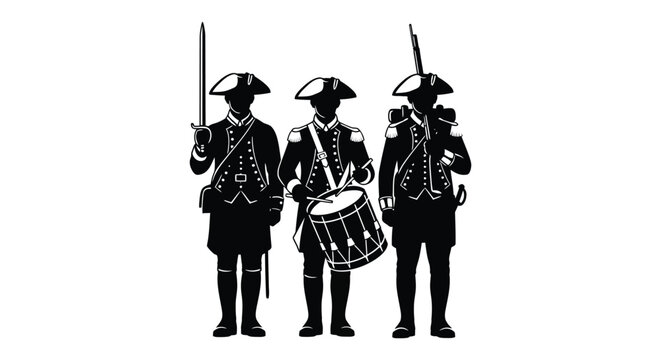 three colonial american soldiers stand in formation with a drummer a striking black silhouette high quality