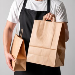 Professional Waiter Holding Paper Shopping Bags with Natural Light on Gray Background Illustration ...