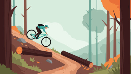 Mountain biking adventure in autumn forest landscape with tall trees