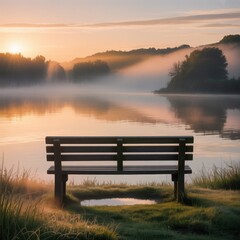 Serene Lakeside Bench Illustration at Dawn with Misty Fog and Golden Sunrise Reflections