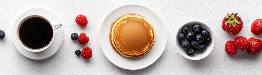 Breakfast platter with coffee, pancakes, and berries.
