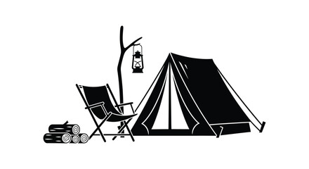 a peaceful outdoor scene depicting a camping setup with a tent chair and campfire silhouette