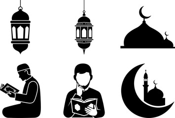 Islamic Ramadan Activities Icon Set - Muslim Men Reading Quran and Mosque Silhouette