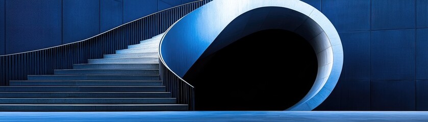 Modern, curved staircase with deep blue walls.