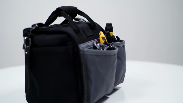 A black tool bag with tools in the pockets, on a white surface with a white background