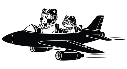 a charming black and white illustration of two animal pilots flying an airplane a delightful silhouette
