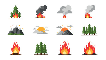 Flat style nature icons: forest fires, sunsets, mountains, and trees