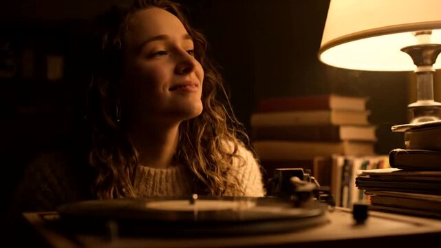 Young Woman Enjoying Music on Vinyl Record Player in Cozy Room.