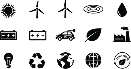 Electricity and energy set icon. Lightning bolt, battery, plug, solar panel, wind turbine, power, renewable energy, electrical safety. Vector stock illustration