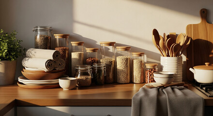 Warm, sunlit kitchen counter filled with organized pantry staples and cooking utensils, evoking a sense of calm domesticity.