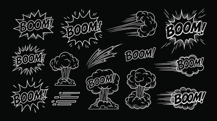 Explosion bomb icon set. Cartoon vector collection of colorful boom and bang effects. Comic blast designs. Dynamite detonation, smoke cloud, and fire burst illustration.