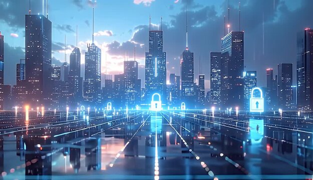 Futuristic Cityscape With Glowing Digital Locks And Network Connections At Sunset With Dramatic Clouds