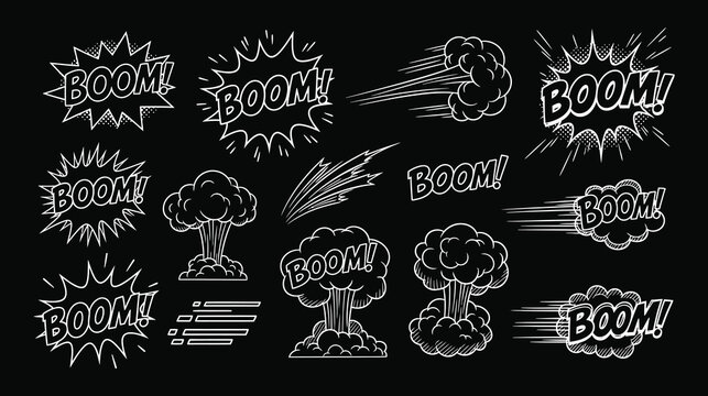 Explosion bomb icon set. Cartoon vector collection of colorful boom and bang effects. Comic blast designs. Dynamite detonation, smoke cloud, and fire burst illustration.