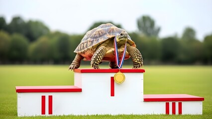 Turtle Standing on First Place Podium with Gold Medal | Concept of Persistence and Slow Steady Achievement, surreal concept image