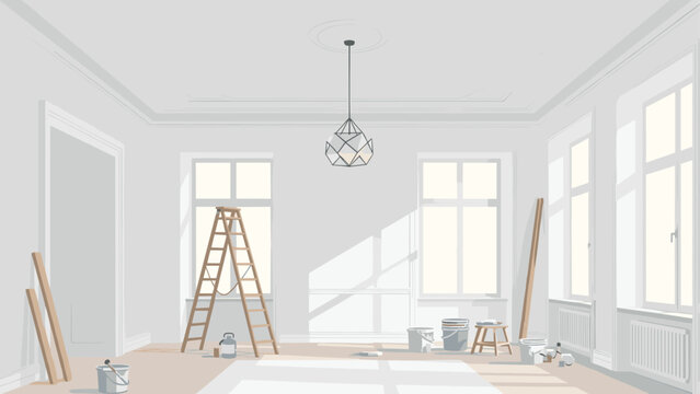 Minimalist interior renovation scene with ladder and paint supplies in sunlit room
