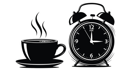 A steaming cup of coffee paired with a classic alarm clock depicted in a striking black silhouette