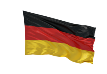 Vibrant German national flag, glossy satin fabric, black, red, gold stripes, gently fluttering on a metallic flagpole, transparent background, ample copy space, national pride and dignity concept