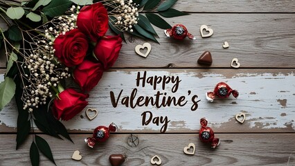 Happy Valentine's Day Greeting on Rustic Wood Background | Romantic Flat Lay with Red Roses and Chocolates