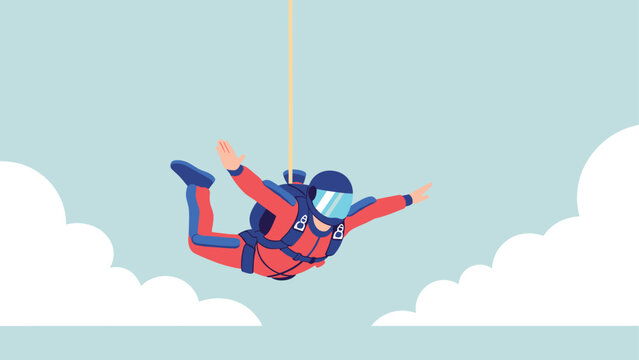 Skydiver in freefall with parachute in clear blue sky surrounded by clouds