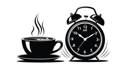 A striking black and white illustration depicts a steaming coffee cup and ringing alarm clock silhouette