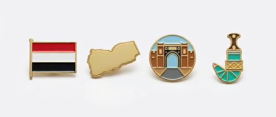 yemen 4 in line glossy brass pin set featuring four themed hard enamel pins graphics design