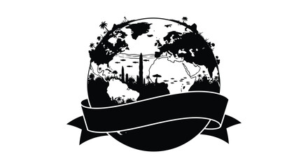 A striking black and white illustration of the earth with a ribbon banner a bold silhouette © mrvect02