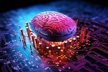 Artificial intelligence brain concept establishing connections on a glowing electronic circuit board