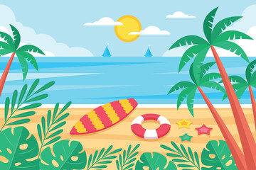 Obraz premium Tropical Beach with Surfboard and Palm Trees Illustration Summer Beach Vacation IllustrationTropical Beach Scene with SurfboardSunny Beach Landscape Illustration