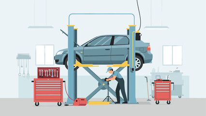 Flat design of mechanic working on elevated car in auto repair shop