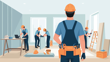Team of construction workers in a modern office renovation scene