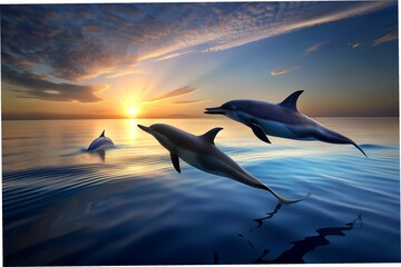 Playful Dolphins Swimming at Sunset Over Calm Ocean Waters