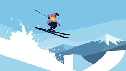 Dynamic winter sports scene featuring skier in mid-air jump on snowy mountain landscape