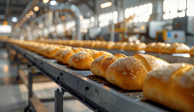 Freshly Baked Bread Moving Along an Industrial Production Line with Golden Sunlight