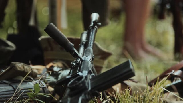 World War II light machine gun, Bren mk1 or ZB-26, resting on grass. Close-up shows mechanism, top magazine. Primary infantry LMG, historical combat reenactment.