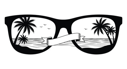 A pair of sunglasses framing a tropical beach scene with palm trees and a ribbon silhouette