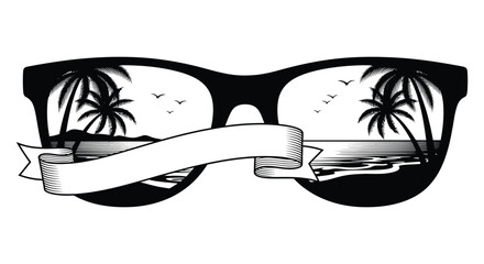 A striking black pair of sunglasses framing a tropical beach and palm trees silhouette high quality