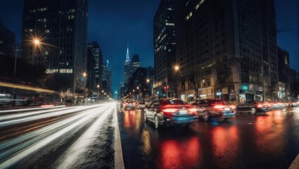 Naklejka premium Dynamic Night Cityscape with Streaking Car Lights and Urban Architecture.