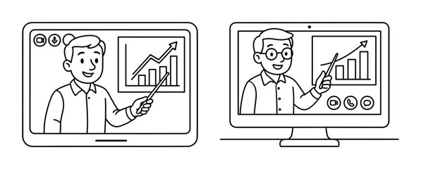 Male presenter in virtual meeting with rising chart on screen