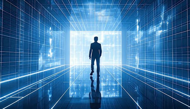 Futuristic Human Silhouette Stands In Glowing Blue Digital Matrix Tunnel Reflecting On Wet Floor