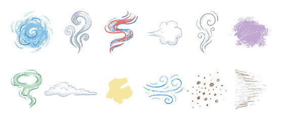 Collection of hand-drawn air, wind, and smoke icons with a crayon texture illustrates various forms of vapor, dust, smell, and weather elements in a colorful cartoon style