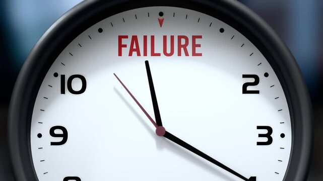 Failure that is going to happen soon. Upcoming failure, approaching in the near future. Failure almost here, in a short time - a clock symbolizes a reminder that failure is near.