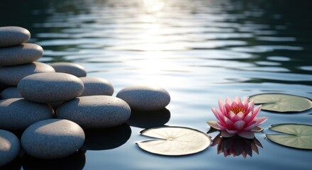 Fototapeta premium Calm stones and lotus flower on tranquil water. Sunrise or sunset light filters through the water